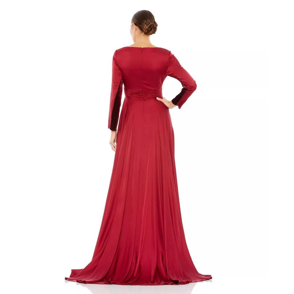 IEENA for Mac Duggal Long Sleeve Ruched Waist satin V-neck - Picture 2 of 11